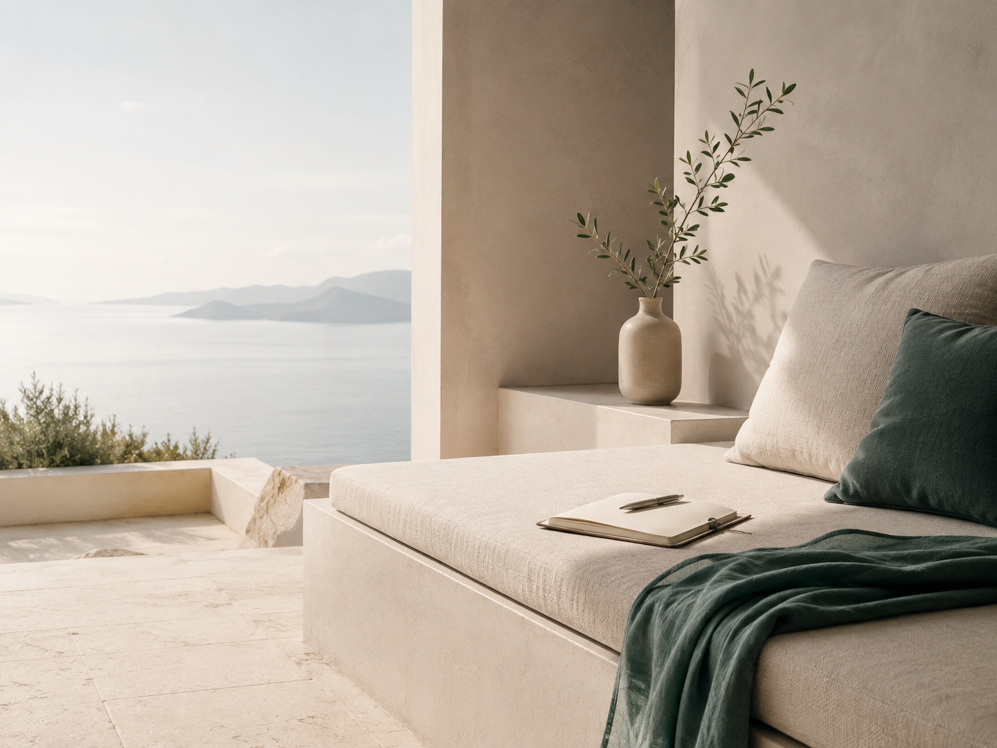 Ein stilvolles, minimalistisches Wohnzimmer mit Blick auf das Meer, einer gepolsterten Sitzbank, einer Vase mit grünem Zweig und einem offenen Notizbuch mit Stift.