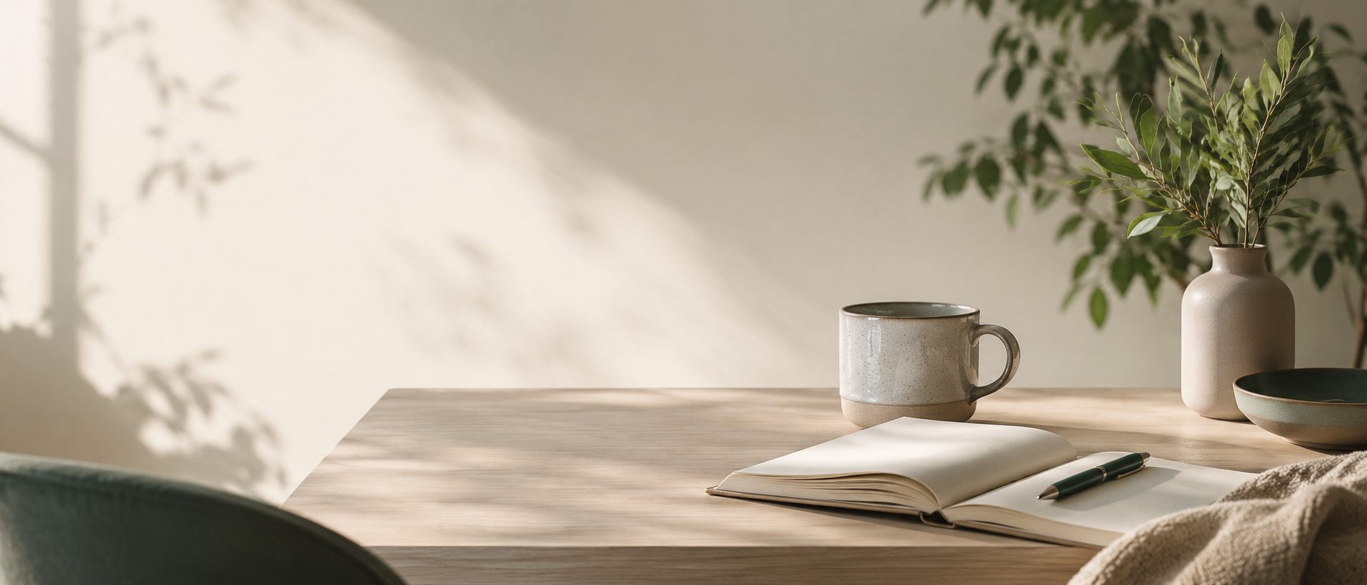 Ein Tisch mit einer offenen Notizbuch, einem Stift, einer Kaffeetasse, einer Vase mit grünen Zweigen und einer Schale, natürliche Beleuchtung mit Schatten an der Wand.