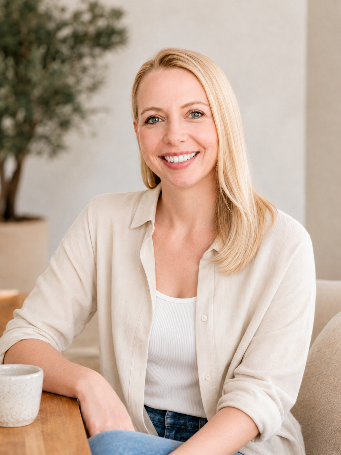 Lächelnde blonde Frau sitzt an einem Tisch in einem hellen Raum.