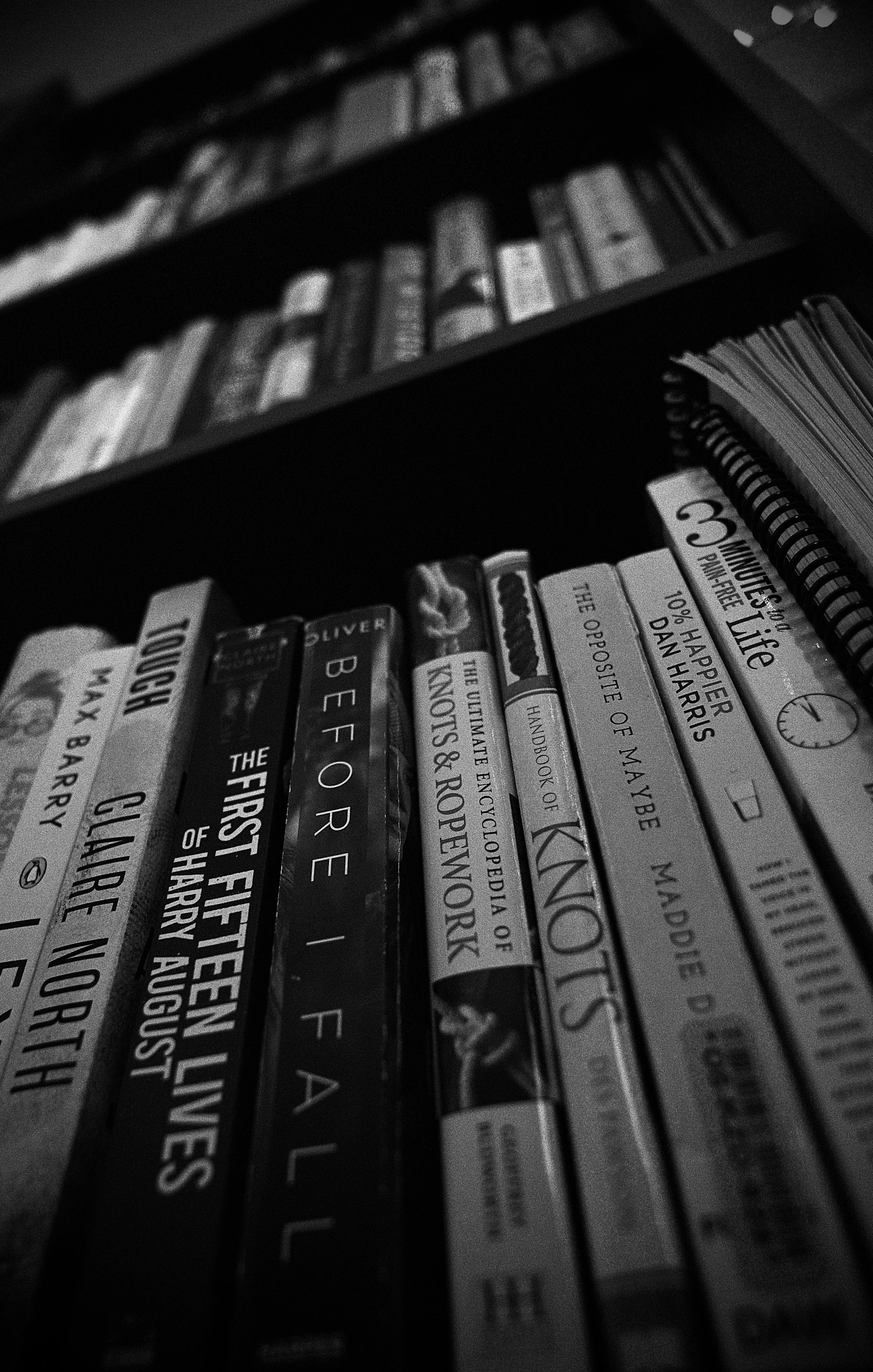 Close-up of books on a bookshelf, displayed vertically with their titles visible.