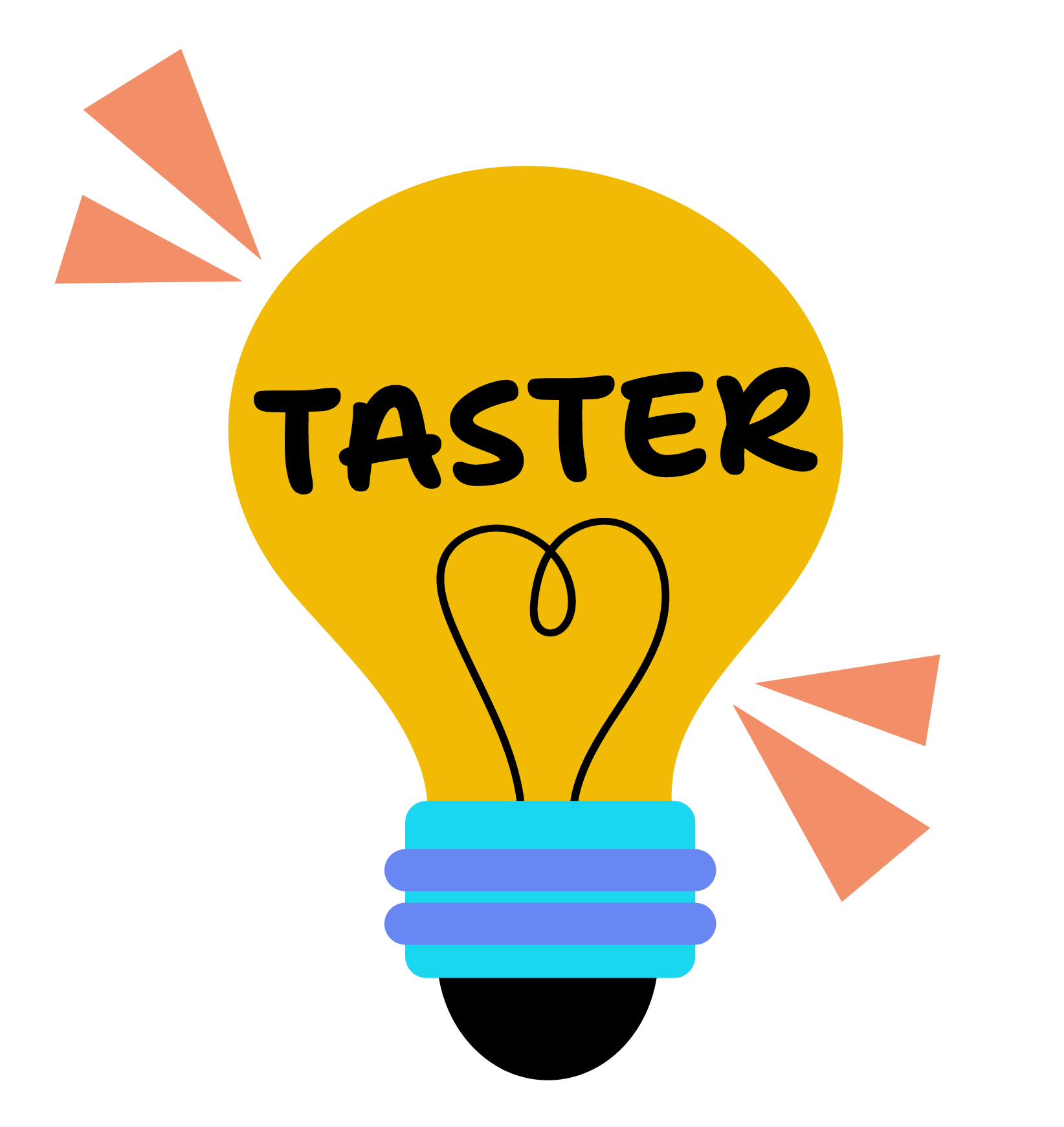 Illustration of a yellow lightbulb with the word "TASTER" written inside it in black letters, and two black lines forming a heart shape underneath. The lightbulb is in a blue and light blue holder, with four orange geometric shapes radiating outward from the bulb.