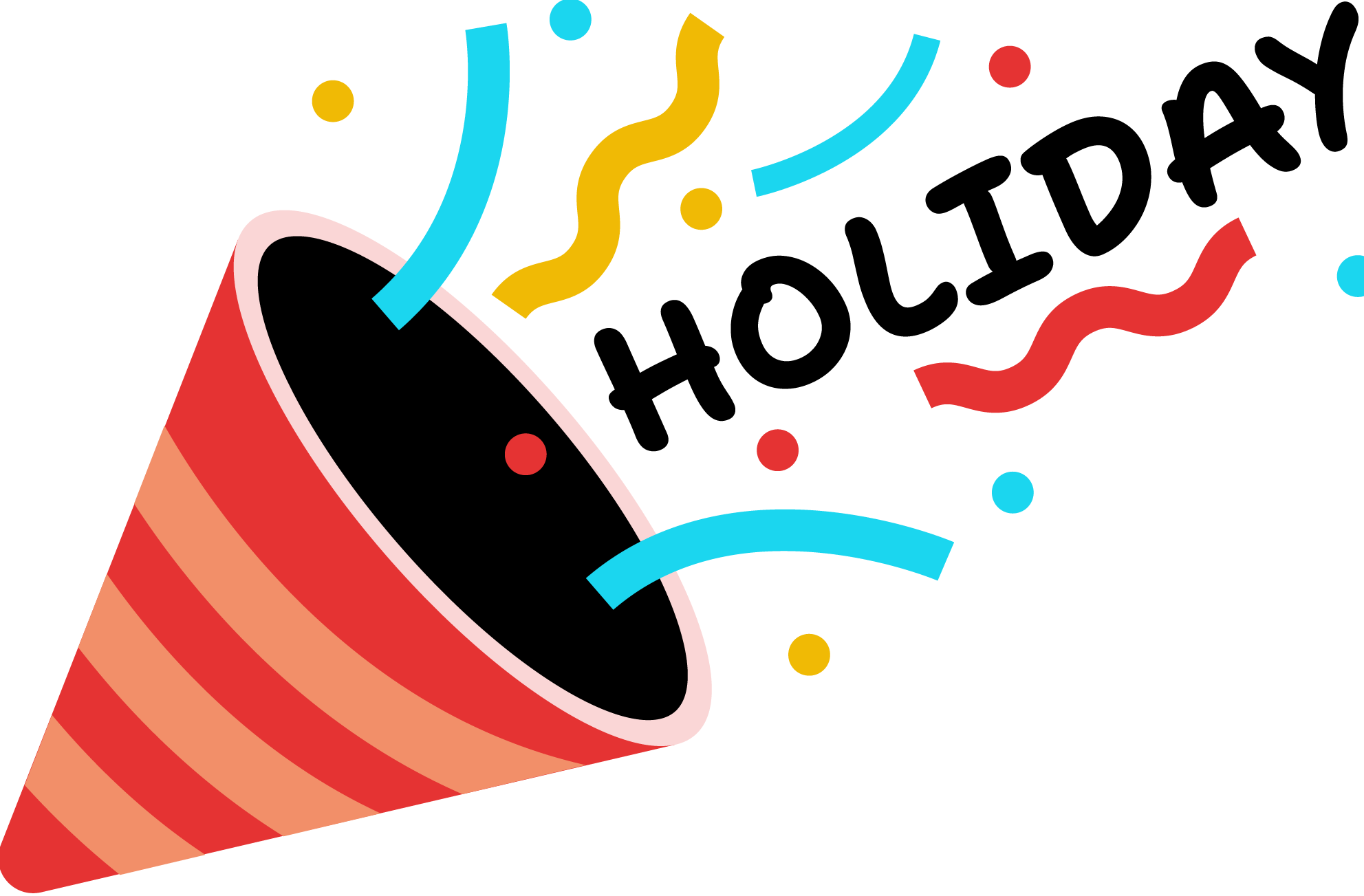 Party popper with confetti and streamers exploding outward against a black background.