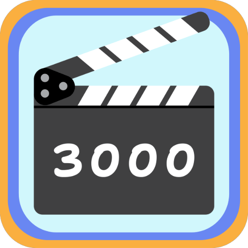 Animation of a movie clapperboard with the number 3000 on it, and a striped clapstick.
