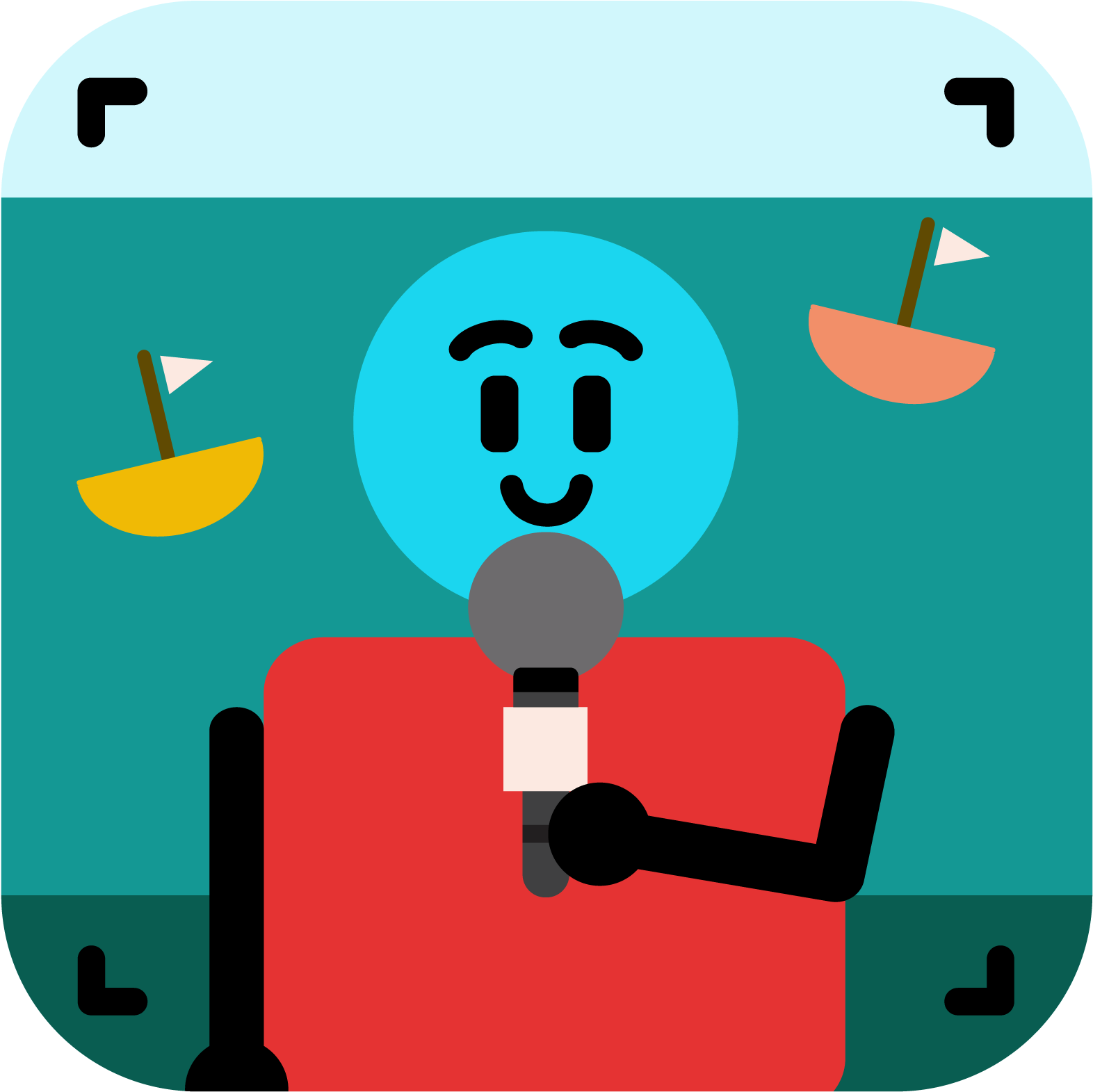 Cartoon illustration of a smiling person with a blue head, gray hair, wearing a red shirt, holding a microphone, with two small sailboats floating in the water in the background.