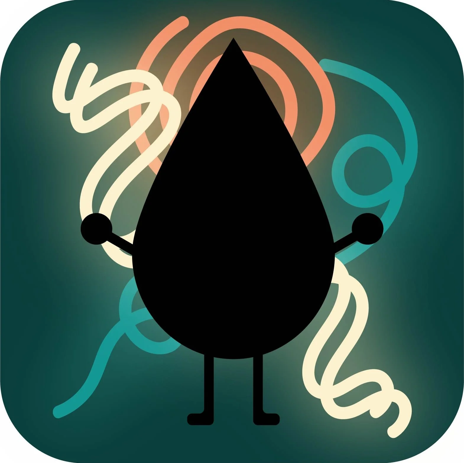A cartoon black bomb with a lit fuse, standing on two legs, against a background of abstract colorful loops and shapes.