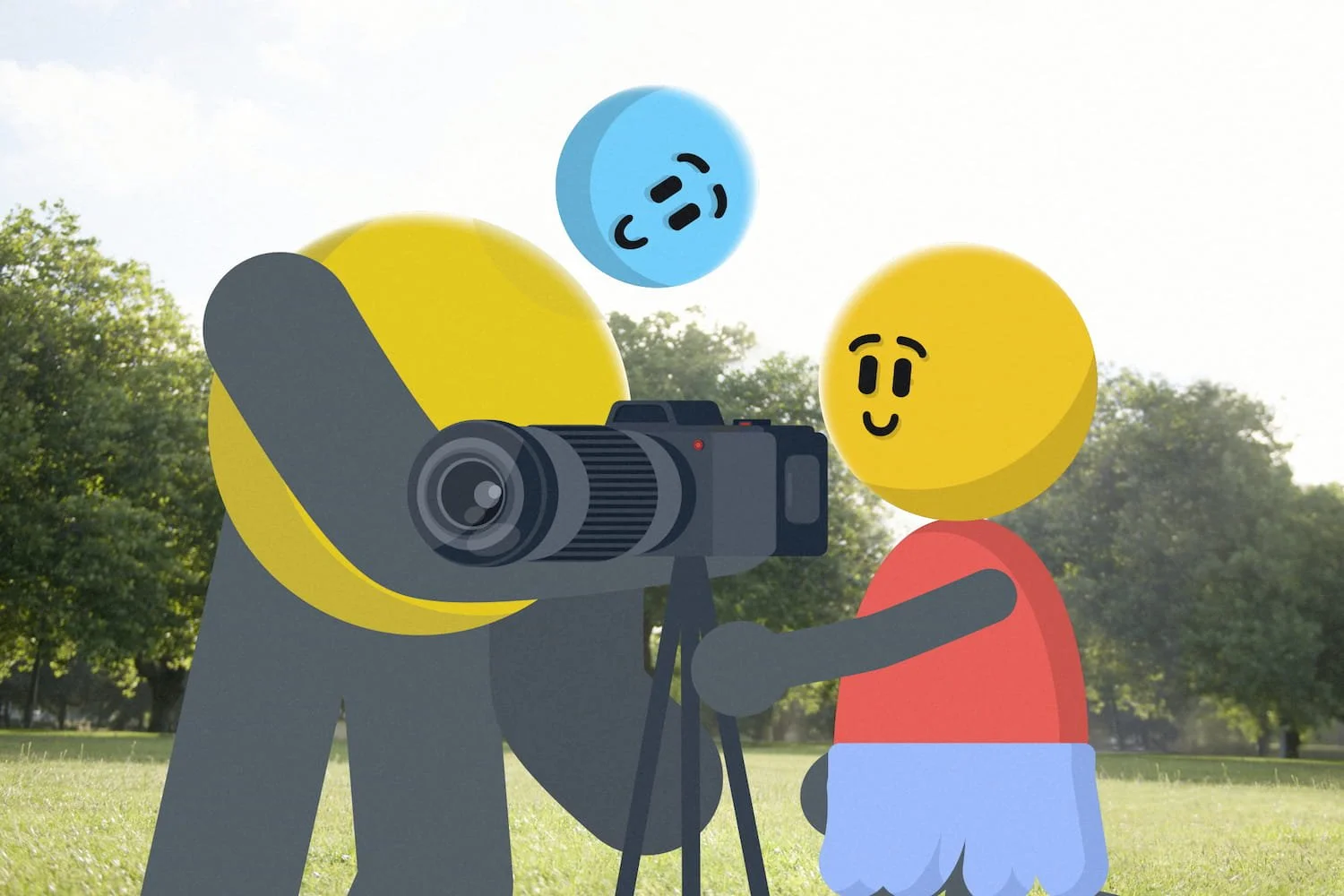 Animated characters in a park, with a gray figure holding a camera on a tripod, a yellow smiling character, and a blue floating character, all smiling and interacting.