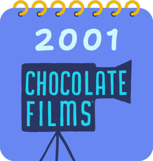 A colorful illustration of a calendar page from 2001 with the text 'Chocolate Films' on a film camera icon.