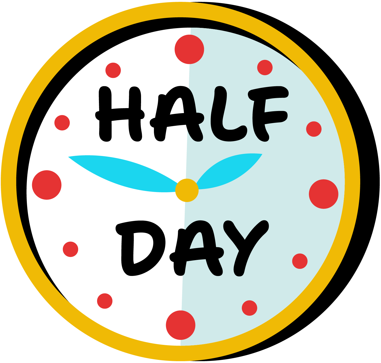 A clock with a yellow border and a split light blue and white face displaying the words 'HALF DAY' in bold black letters, red dots marking the hours, and two blue leaves resembling clock hands.
