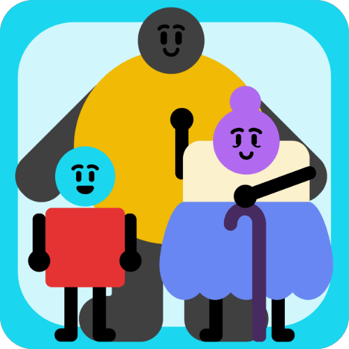 Cartoon family with two children, one with a cane and one in a wheelchair, with a large adult figure behind them.