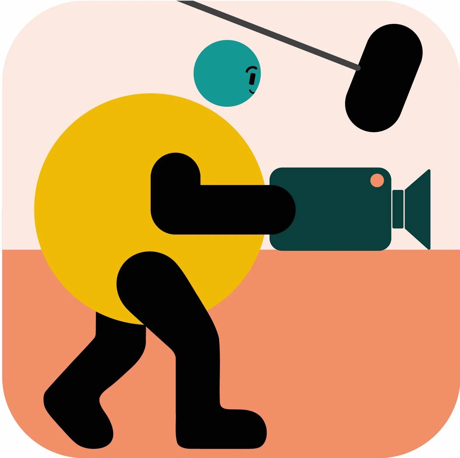 A stylized abstract image of a person with a yellow circular head, black body and limbs, operating a camera on a tripod, with a pink background and an orange floor.
