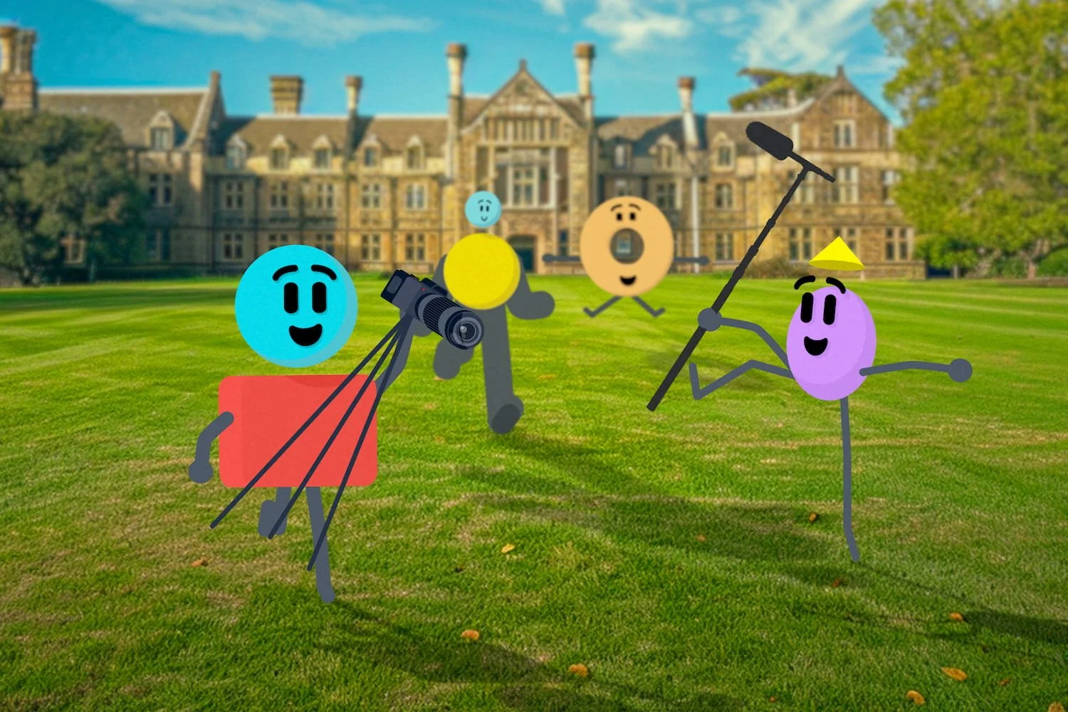 Cartoonish characters with colorful faces and simple bodies, playing and having fun on a green lawn in front of a large stone building under a blue sky. One character is holding a camera, another appears to be waving, and one is holding a pole, wearing a yellow hat.