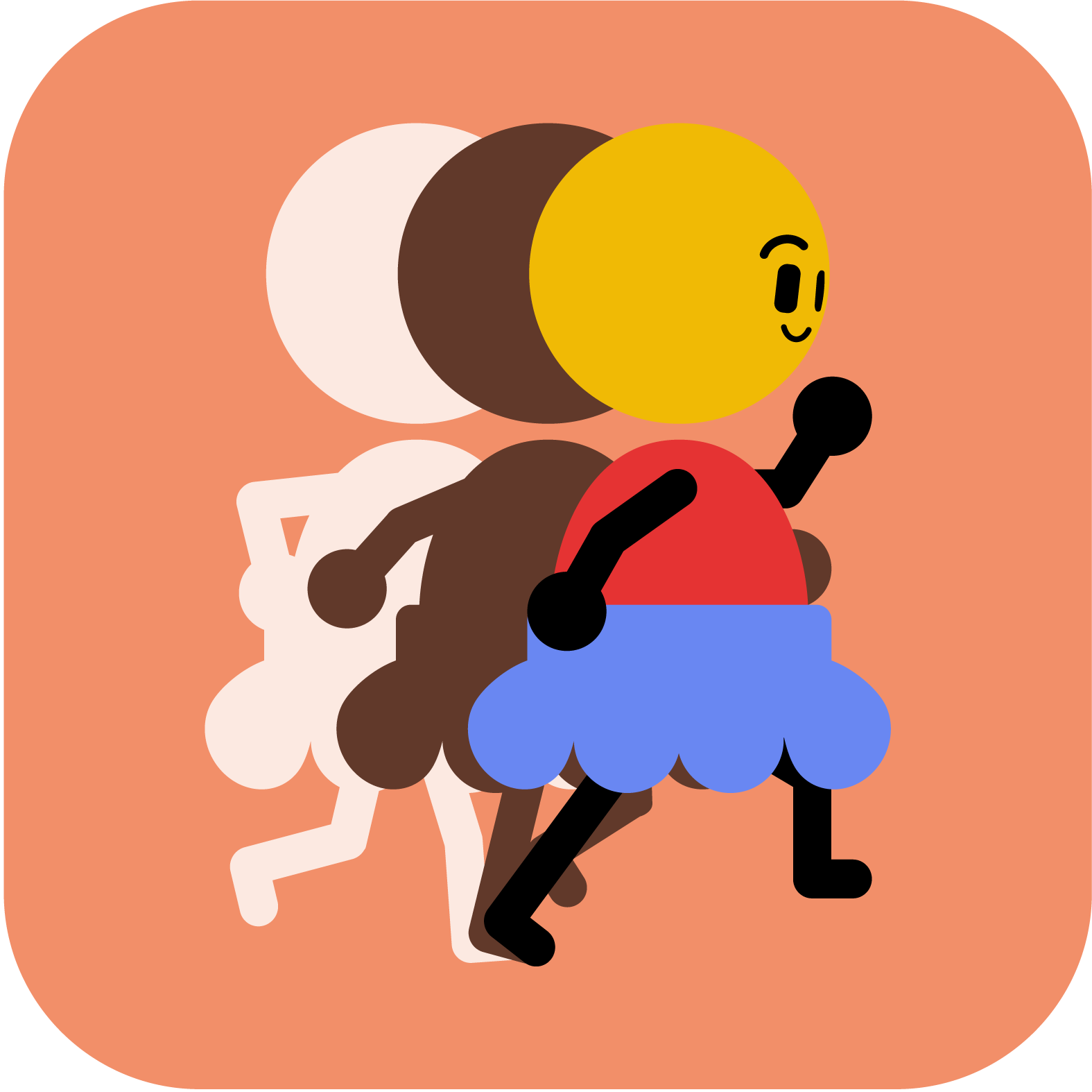 A cartoon illustration of three skateboarders in motion with helmets, with a peach background.
