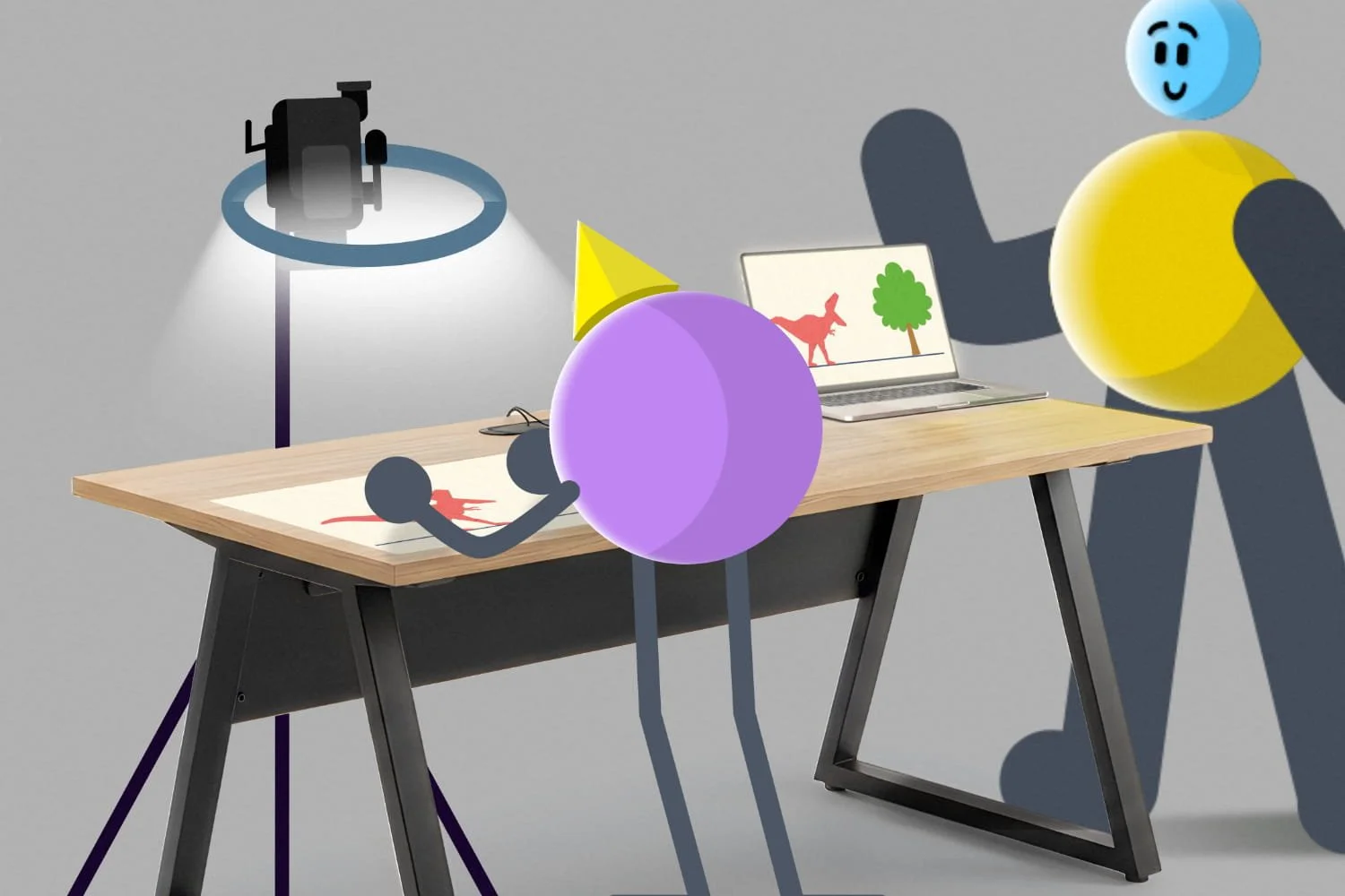 Animated robots working at a desk with a laptop and art supplies in a minimalistic room.