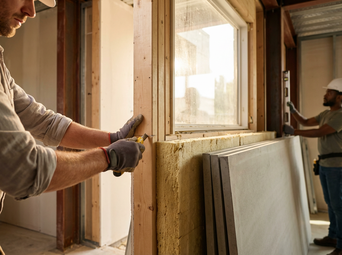 Two construction workers installing a window in a building under construction, with insulated walls and construction materials around.