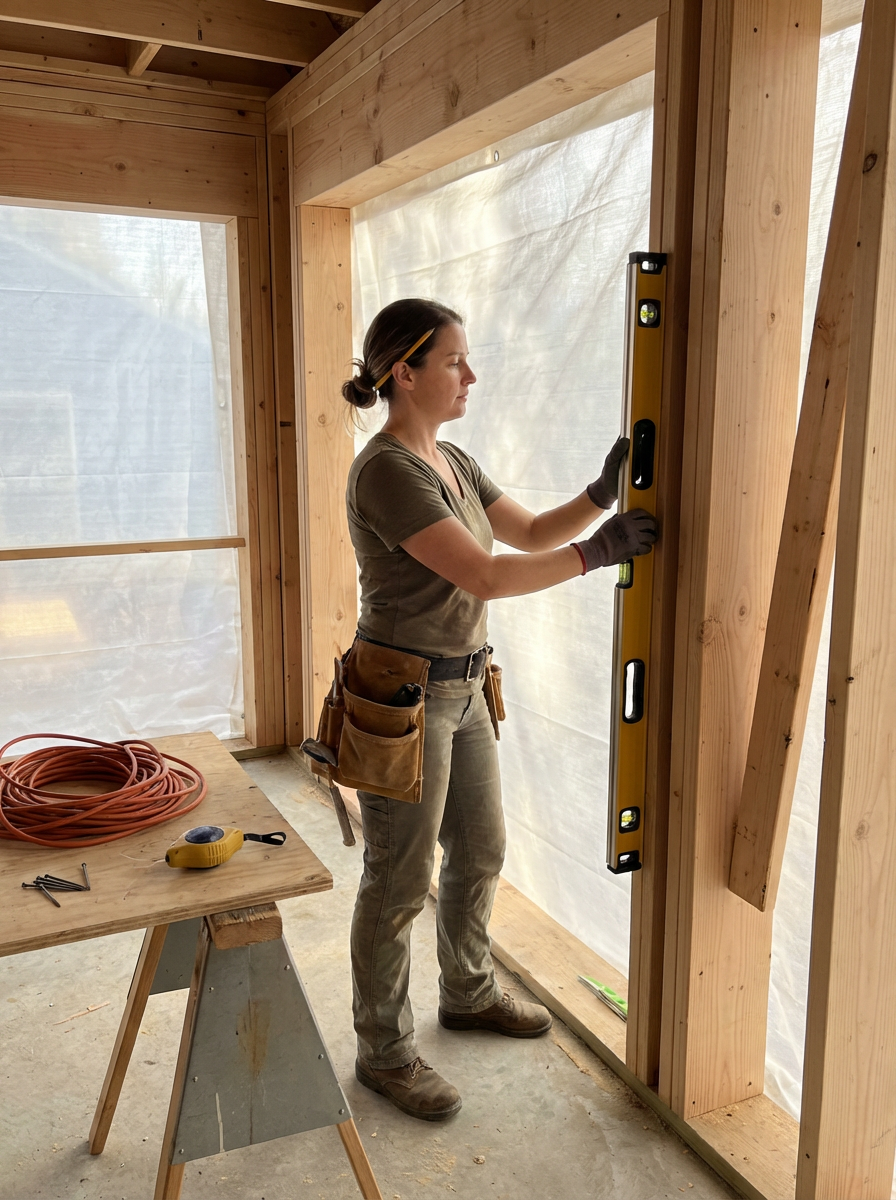 Woman using a level to check the vertical alignment of a wooden door frame at a construction site.