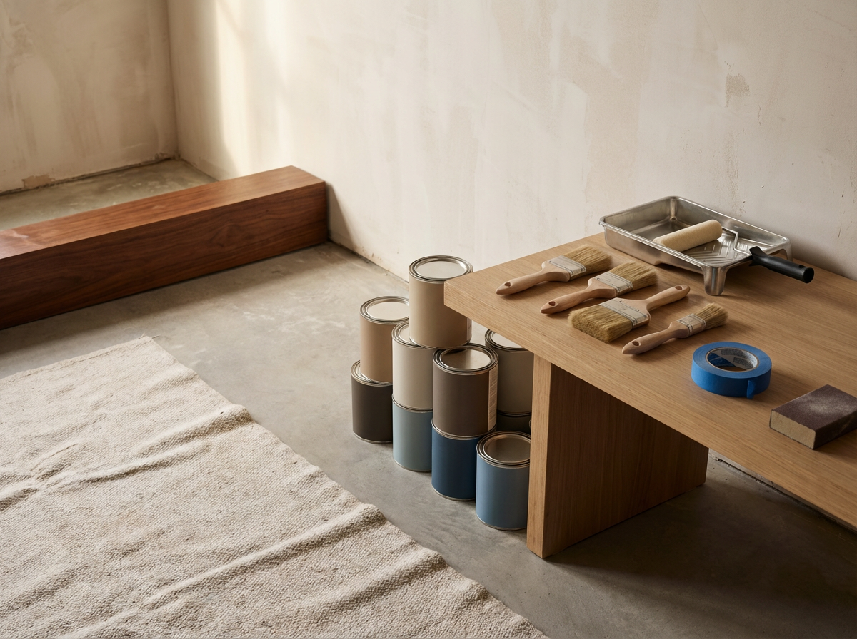 Interior of a room with painting supplies on a wooden table including paintbrushes, a paint roller, painter's tape, and paint cans beside the table, with a beige rug and a wooden ledge along the wall.