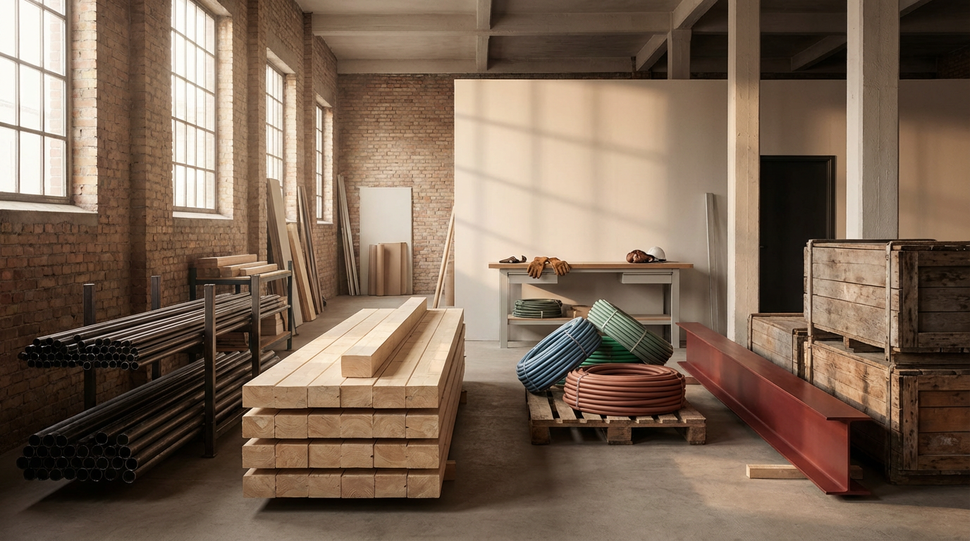 Construction materials including metal pipes, wooden planks, and coils of electrical wire stored in a warehouse with brick walls and large windows.