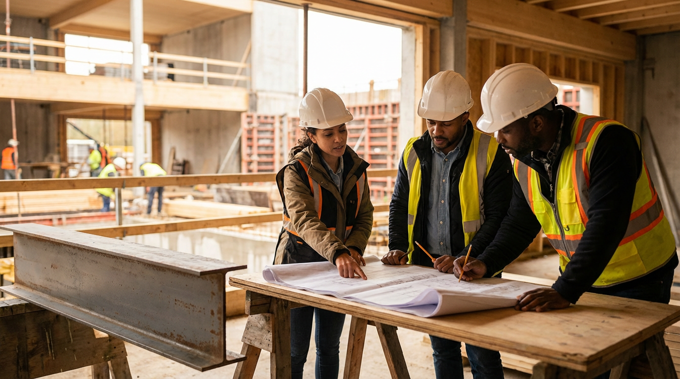Construction workers reviewing blueprints on a wooden table inside a building under construction.