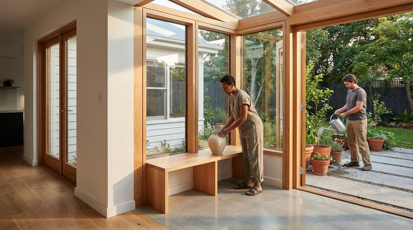 People gardening outside a sunroom with large glass windows and doors