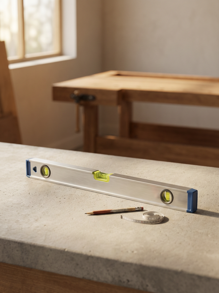 Level, pencil, and measuring tape on a light-colored countertop in a room with a window and wood furniture.