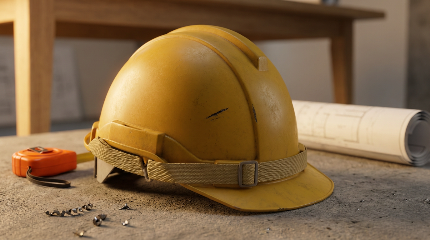 A yellow construction helmet with a strap, an orange measuring tape, and a rolled-up blueprint on a work surface.