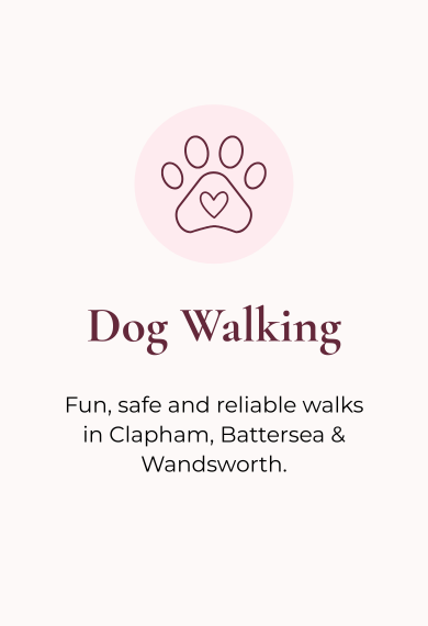 Dog walking service logo with a paw print and heart, promoting fun, safe, reliable dog walks in Clapham, Battersea, and Wandsworth.