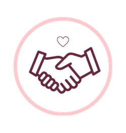 Icon of two shaking hands inside a pink circle with a small heart above, symbolizing friendship or agreement.