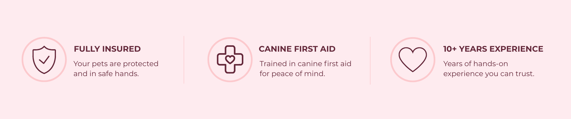 Three icons with text highlighting pet insurance, canine first aid training, and over 10 years of experience, on a pink background.