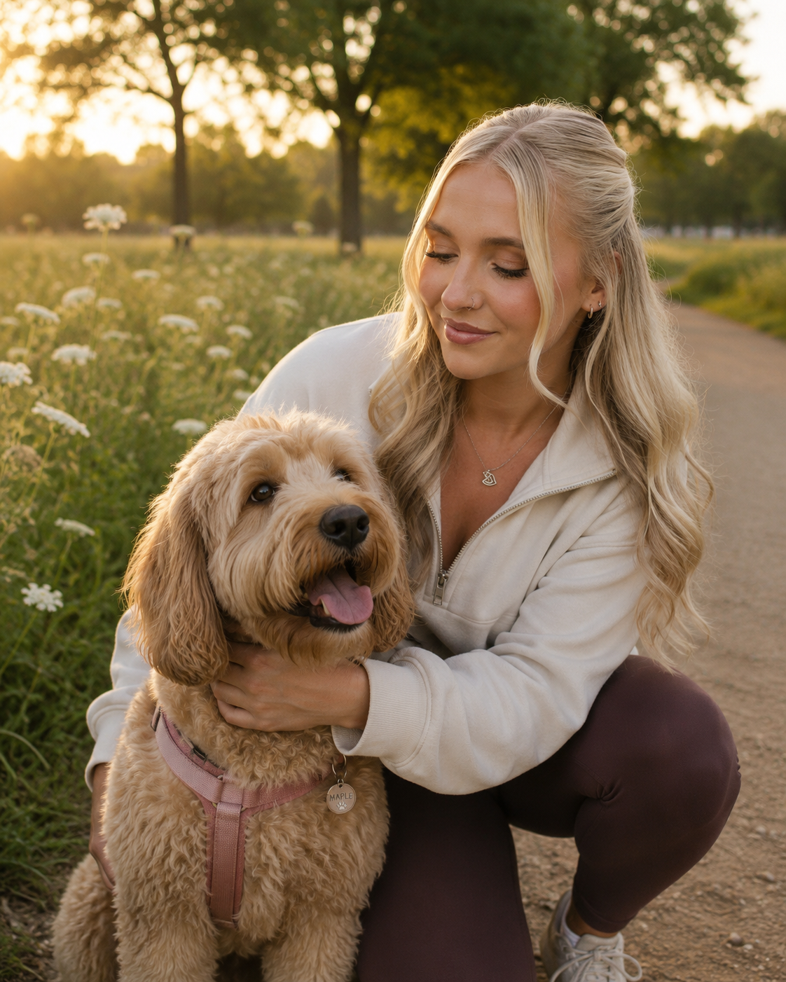 A woman with long blonde hair kneels outdoors during sunset, holding a golden doodle dog wearing a pink harness. The woman is smiling softly, and the dog is panting with its tongue out, in a field with trees and wildflowers.