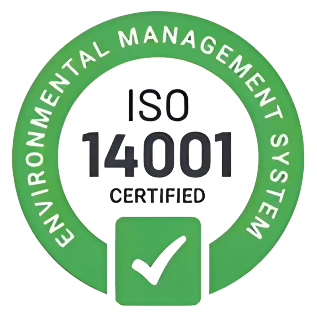 ISO 14001 Certified Environmental Management System badge with a green circular border and a check mark at the bottom.