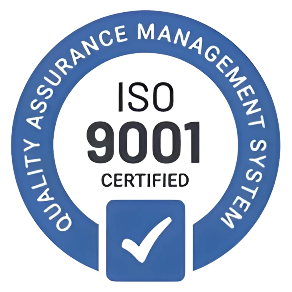 A circular badge with a blue border that reads 'Quality Assurance Management System.' Inside the border, it states 'ISO 9001 Certified.' At the bottom, there is a checkmark symbol.