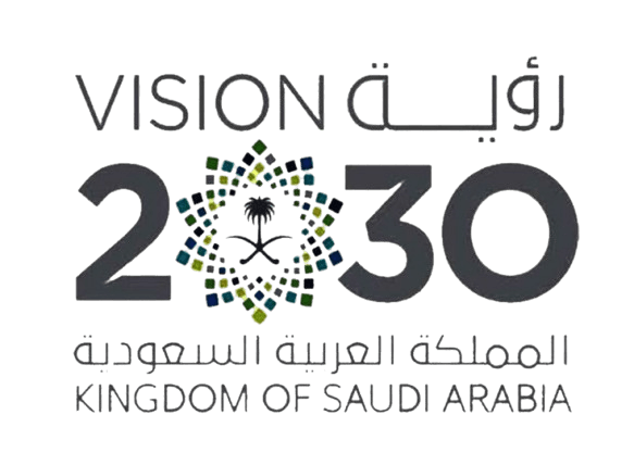 Logo for Saudi Vision 2030 featuring the number 2030, a stylized palm tree and crossed swords, with Arabic and English text about Saudi Arabia.