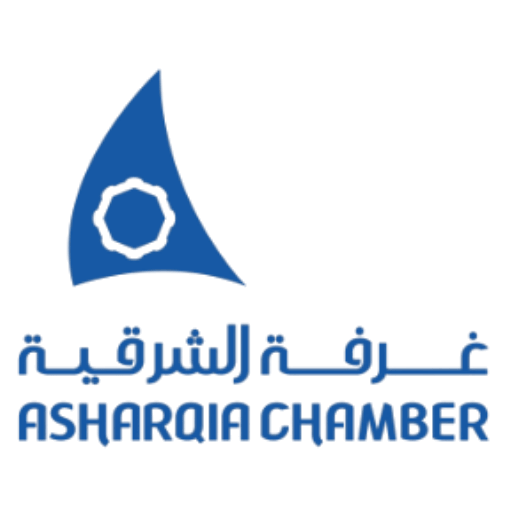 Logo of Asharqia Chamber featuring a blue sailboat with a round design element, and text in Arabic and English reading "Asharqia Chamber."