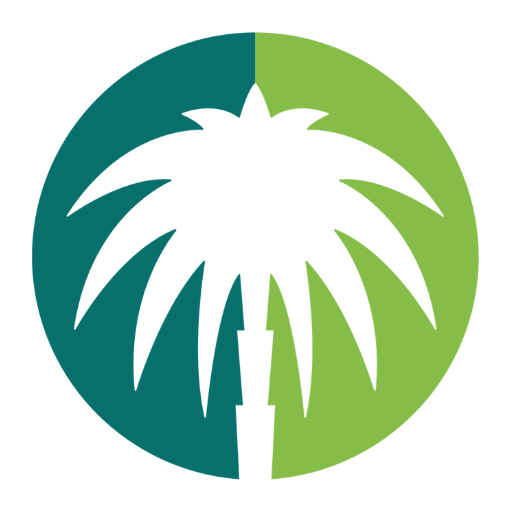A circular logo split into two halves with a stylized palm tree in the center, one half in teal and the other in green.