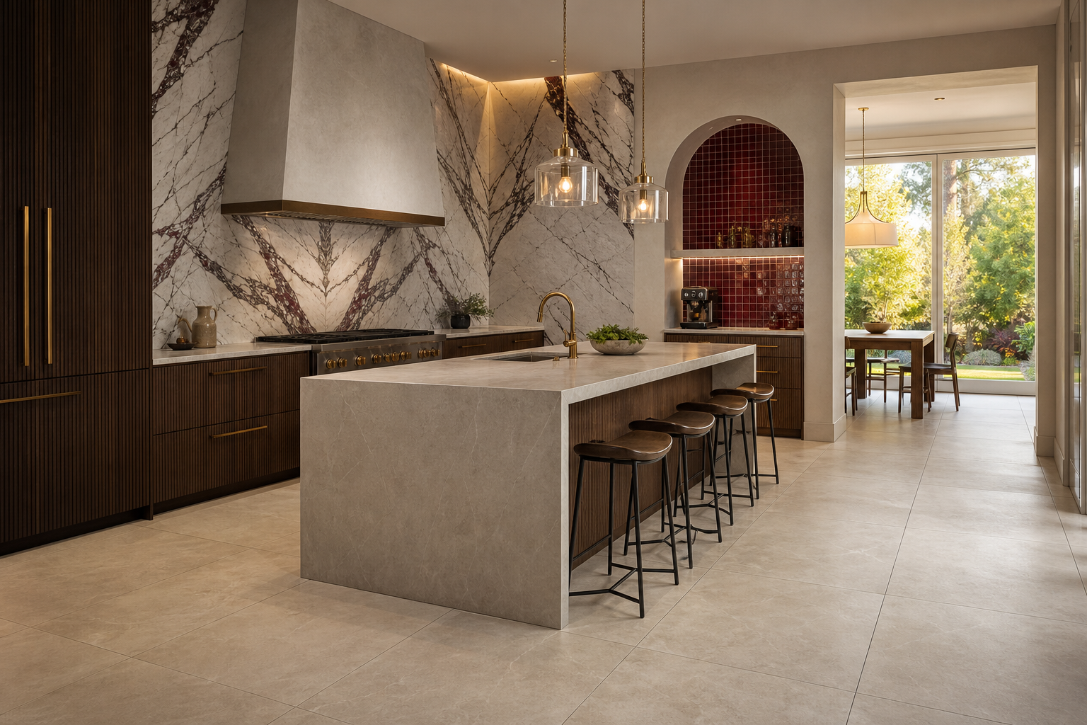 Large-format porcelain tile floor in a custom Ottawa kitchen