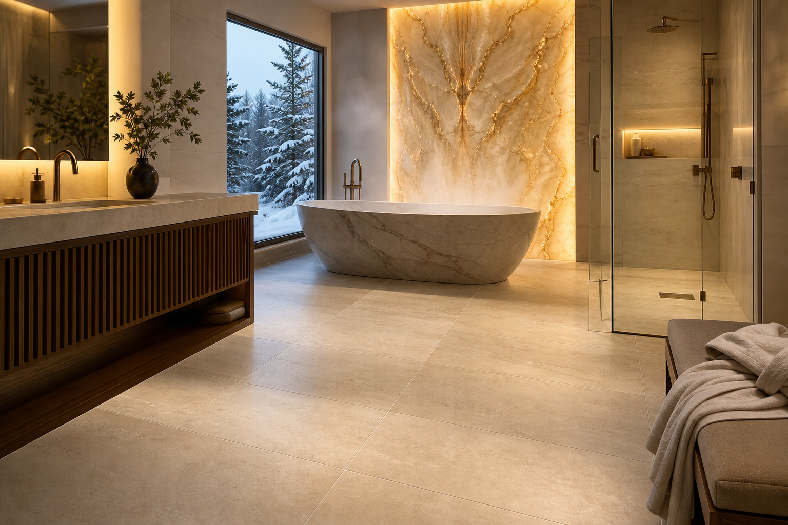 Custom bathroom renovation with large-format porcelain floor tile, stone feature wall, freestanding tub, and glass shower