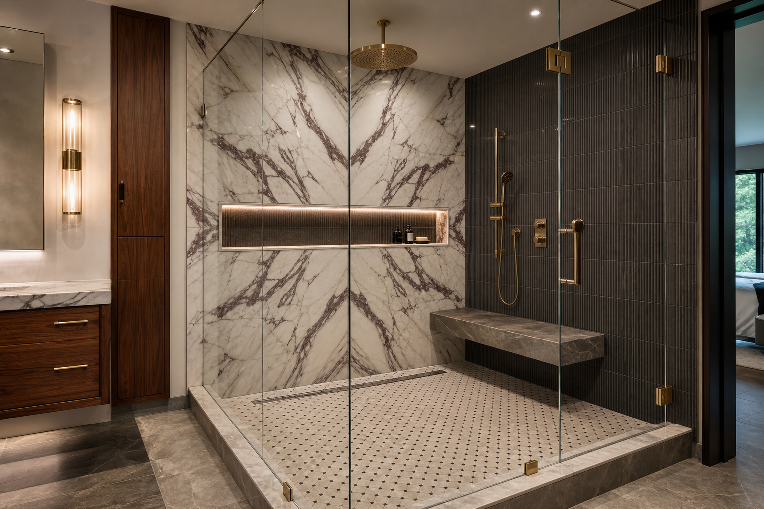 Modern walk-in shower with marble walls, brass fixtures, black textured wall tiles, and a bench, enclosed by glass panels.