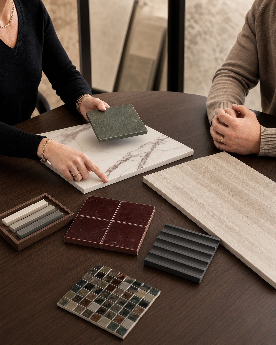 Designer and tile installer reviewing material samples and project plans