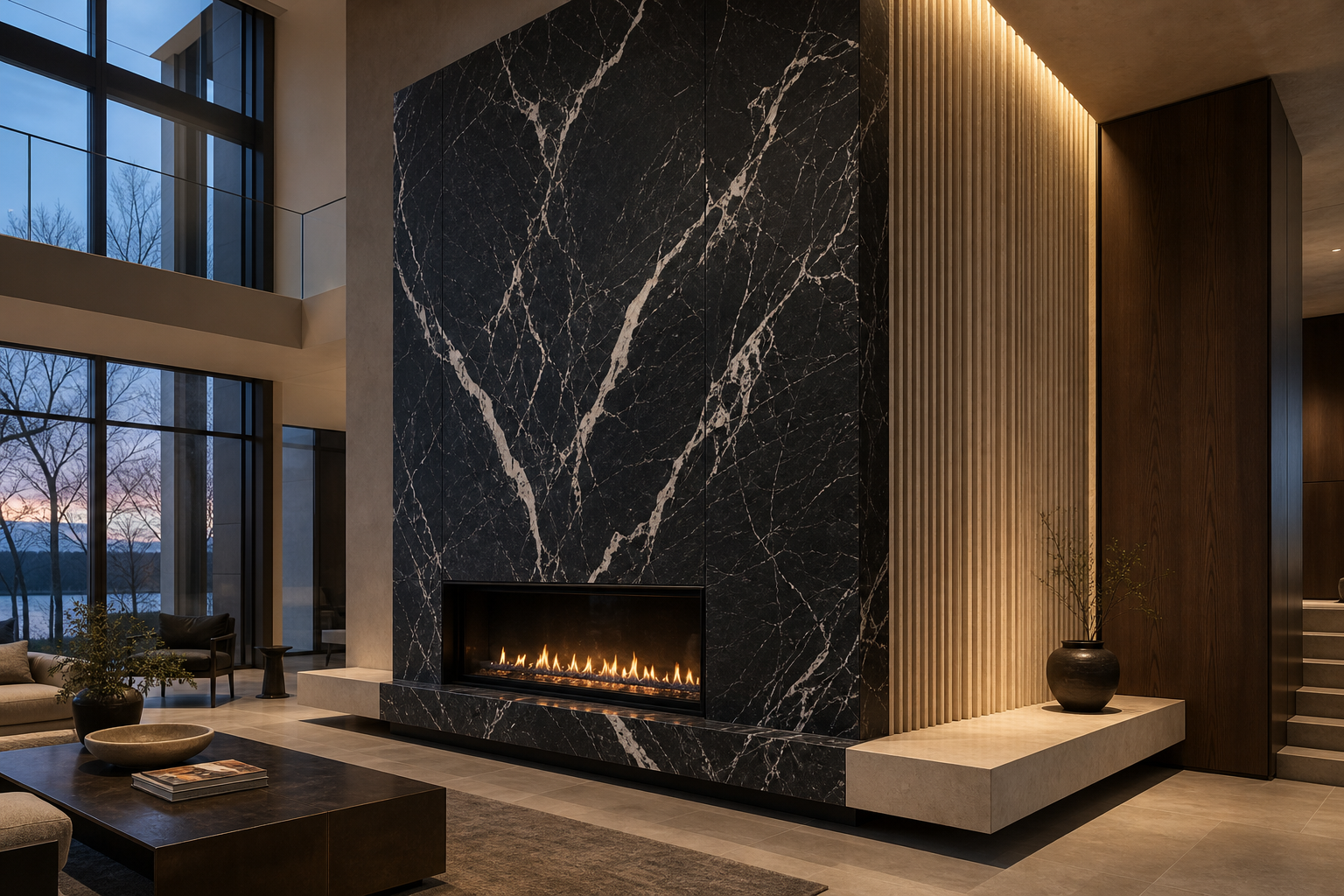 Modern living room with floor-to-ceiling windows showing a sunset with bare trees, a large black marble fireplace with white veins, and contemporary furniture and decor.