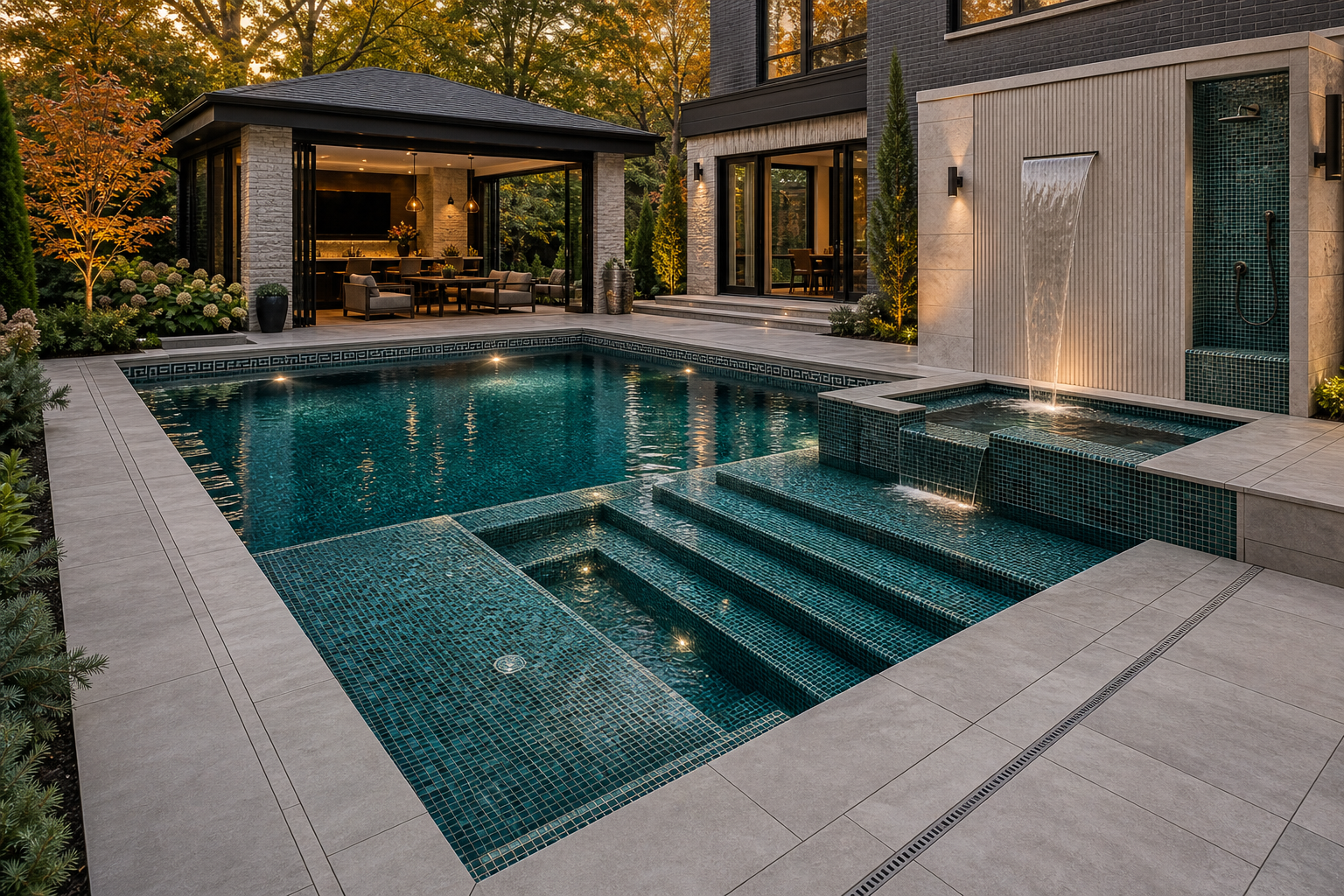 Custom tile and stone installation surrounding a contemporary residential pool and outdoor living area