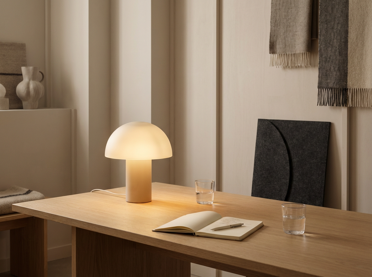 A minimalist wooden table with a glowing table lamp, two glasses of water, a notebook, and a pen in a cozy room with beige walls and hanging fabric decorations.