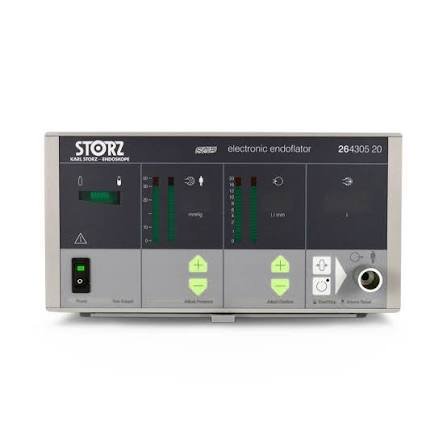 Medical electronic endoflator device with control panel, buttons, and display meters.