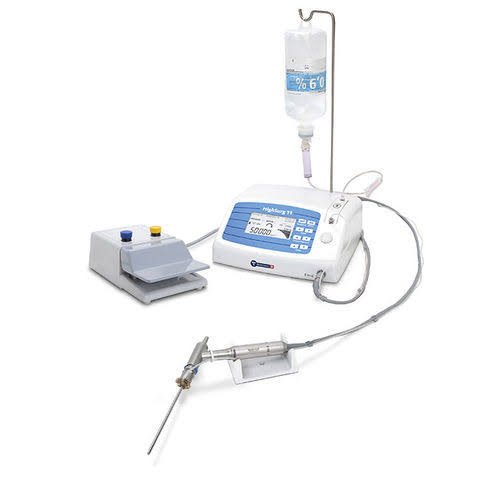 Medical infusion pump with IV bag, tubing, and control panel.