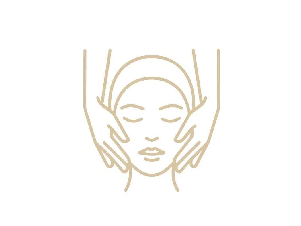 Line drawing of a woman with closed eyes receiving a facial massage from two hands.