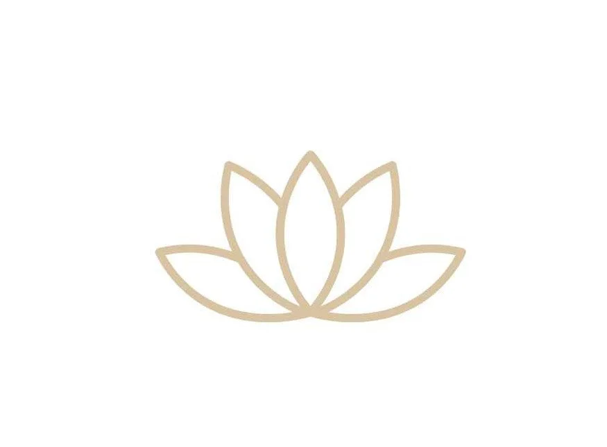 Minimalist beige lotus flower outline on white background.