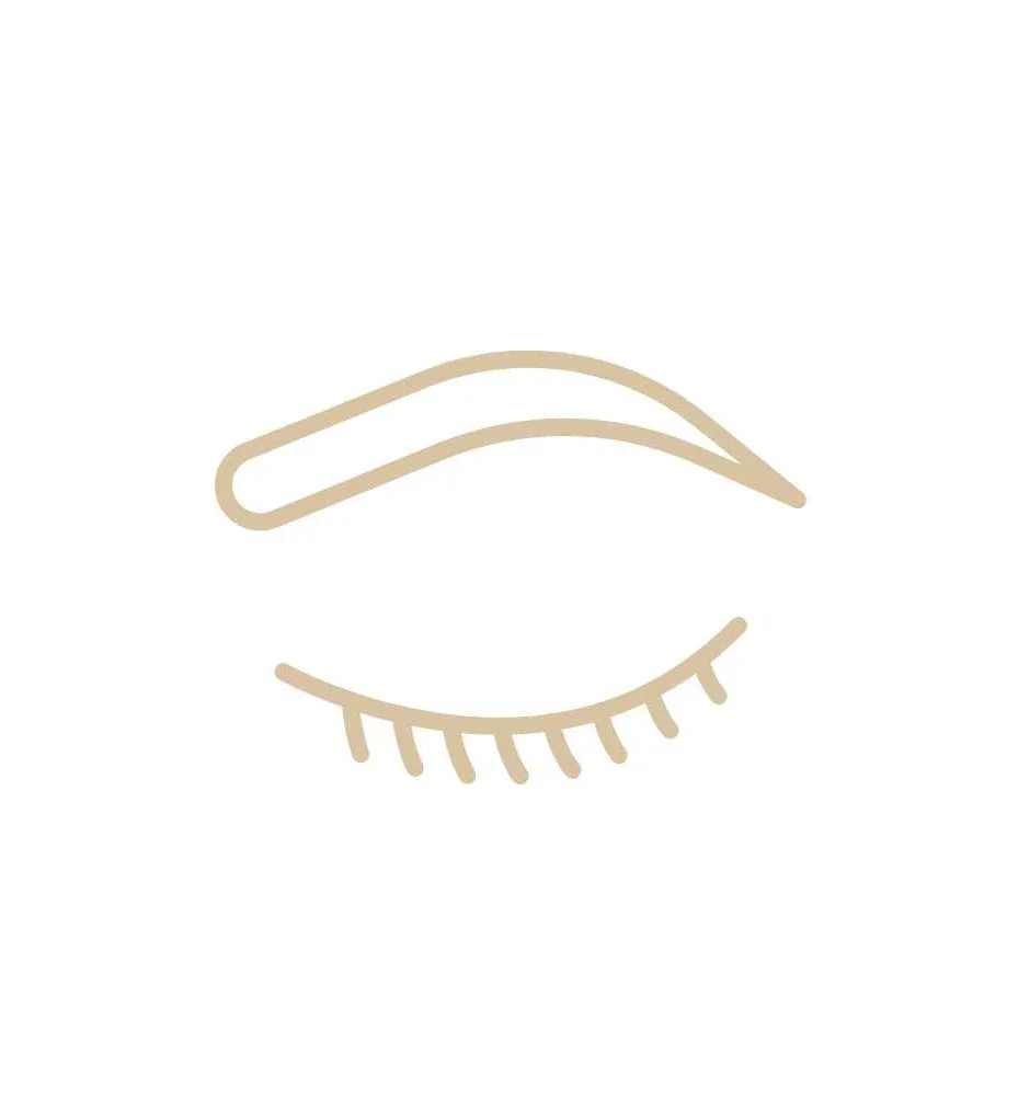 Minimalist illustration of a closed eye with eyelashes and an eyebrow in beige lines on a white background.