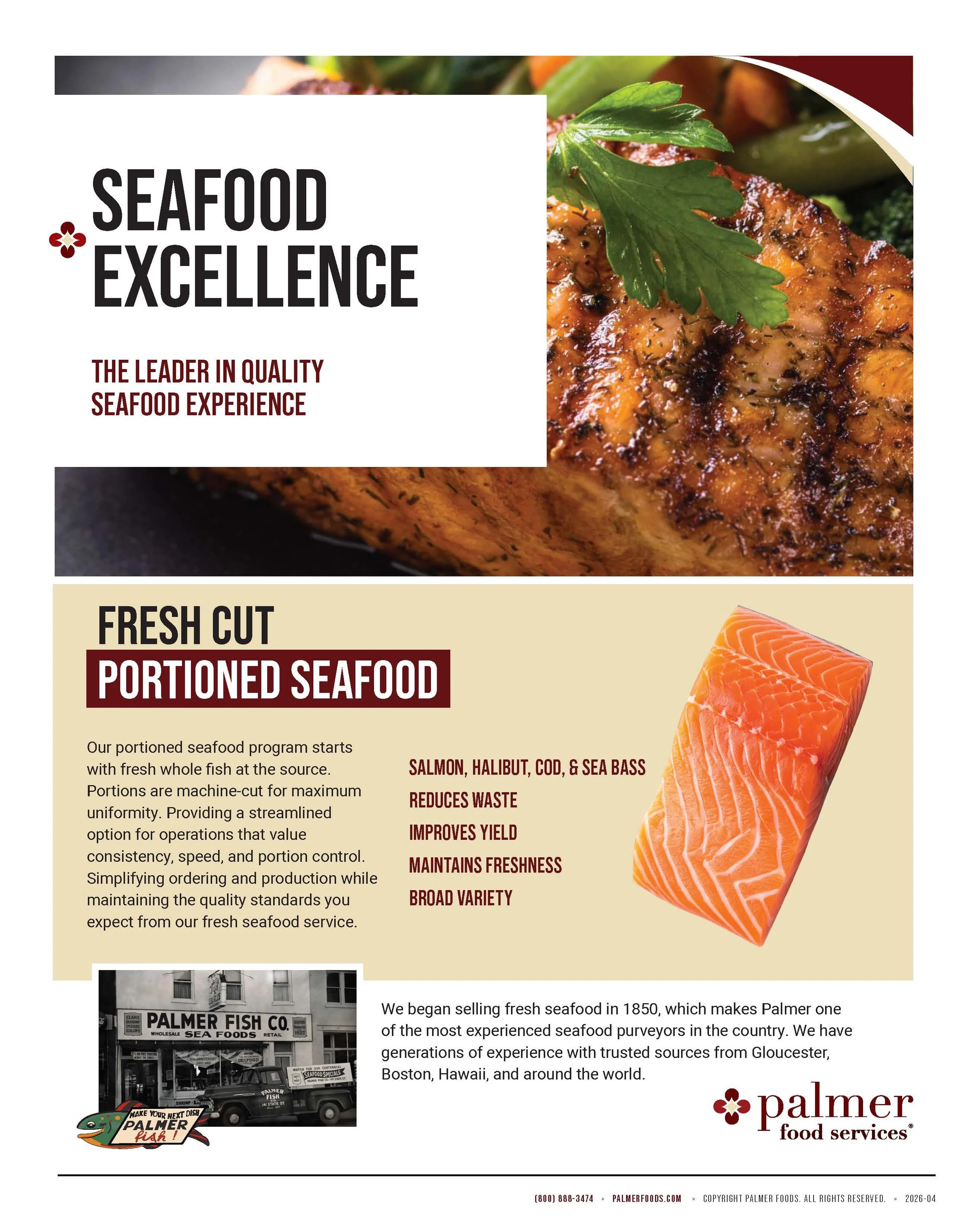 A promotional flyer for Palmer Food Services featuring images of seafood like salmon, halibut, cod, and sea bass, a sandwich with fresh cut portions, a fish on a truck advertising Palmer Fish, and contact information including a phone number, website, and copyright information.