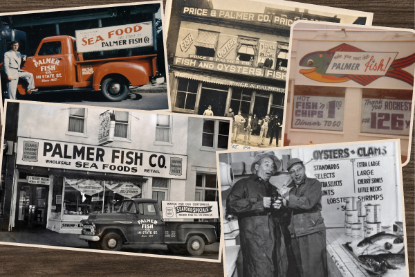 A collage of vintage photographs and advertisements for Palmer Fish Co., a seafood business. Includes images of an old red truck with 'Sea Food Palmer Fish' signage, storefronts, a truck advertising seafood, and black-and-white photos of two people at a seafood counter.