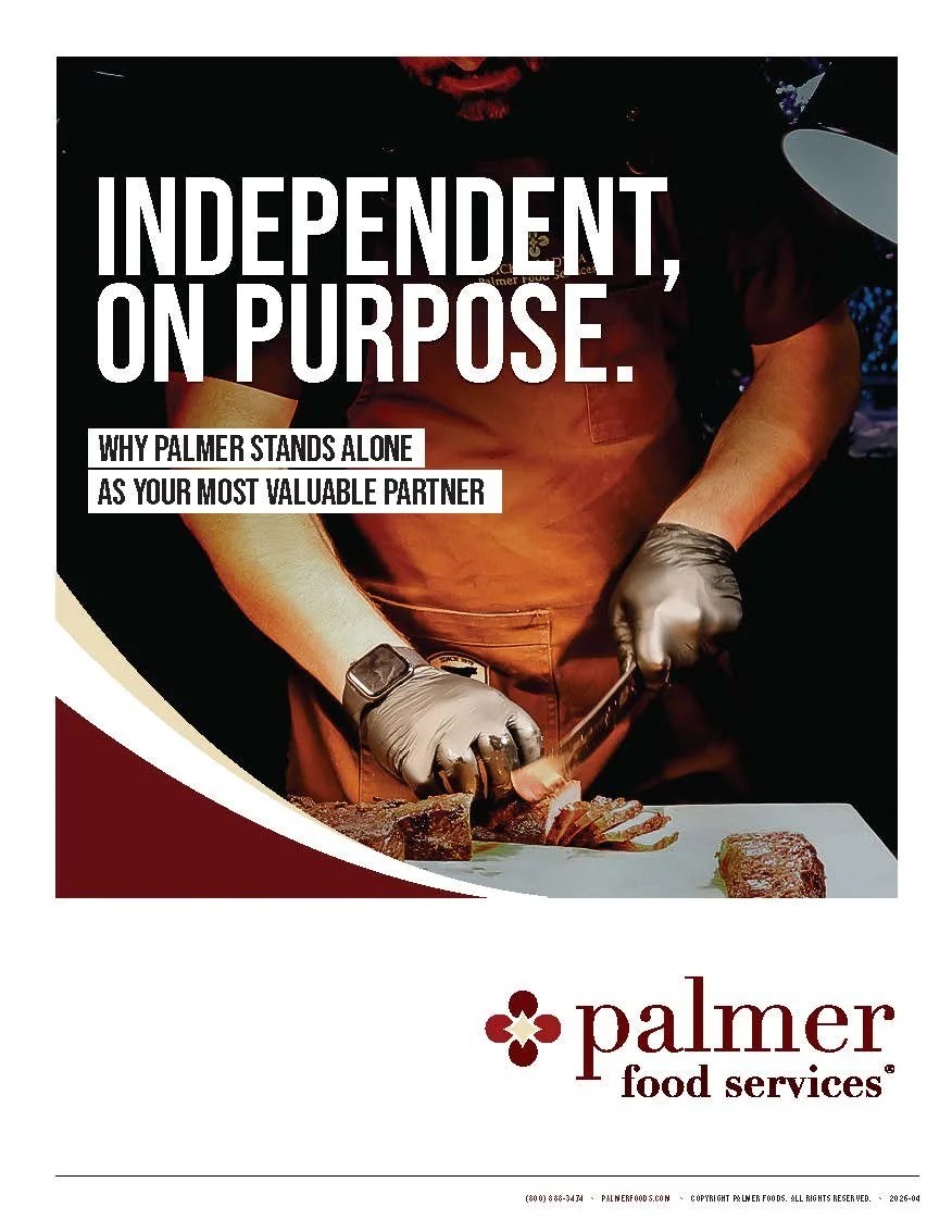 A person wearing gloves slicing cooked meat with a knife at a food service operation, promotional flyer with the text 'Independent, on Purpose' and 'Why Palmer stands alone as your most valuable partner,' and the Palmer Food Services logo.
