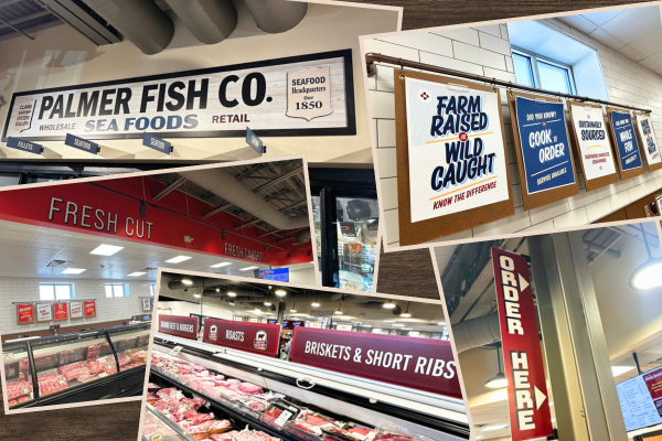 Image collage showing the interior of a seafood market. It includes signs for Palmer Fish Co., fresh cut seafood, and prices on various cuts like roasts, briskets, and short ribs. There is a display case with raw meat and seafood, and promotional signs about farm-raised and wild-caught fish, along with cooking instructions.